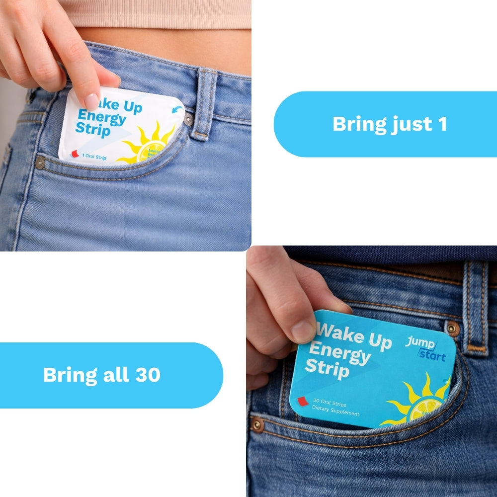 showing how any 1 Wake Up Energy Strip packaging in a pocket and 30 pack wake up energy strip in pocket