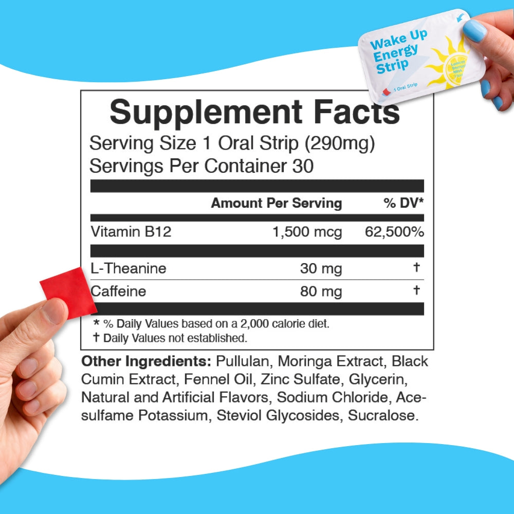 Supplement facts label for a 'Wake Up Energy Strip' with ingredients listed.