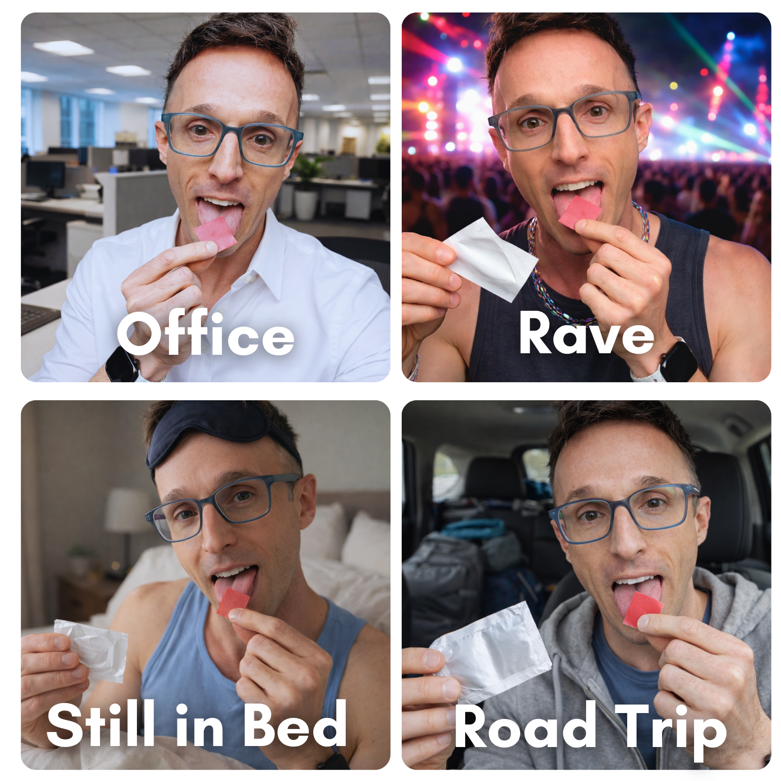 Collage of a man eating a pink object labeled 'Office', 'Rave', 'Still in Bed', and 'Road Trip'.