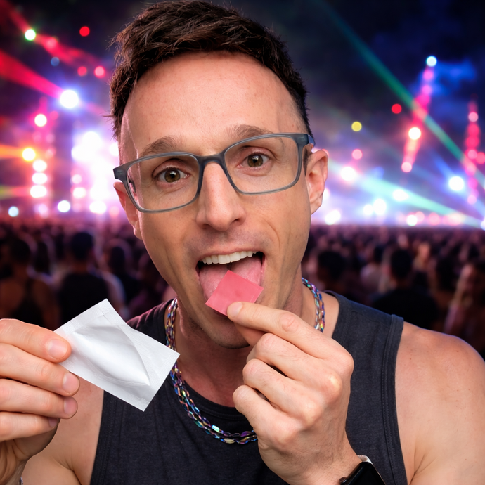man eating a caffeine oral strip at a music festival